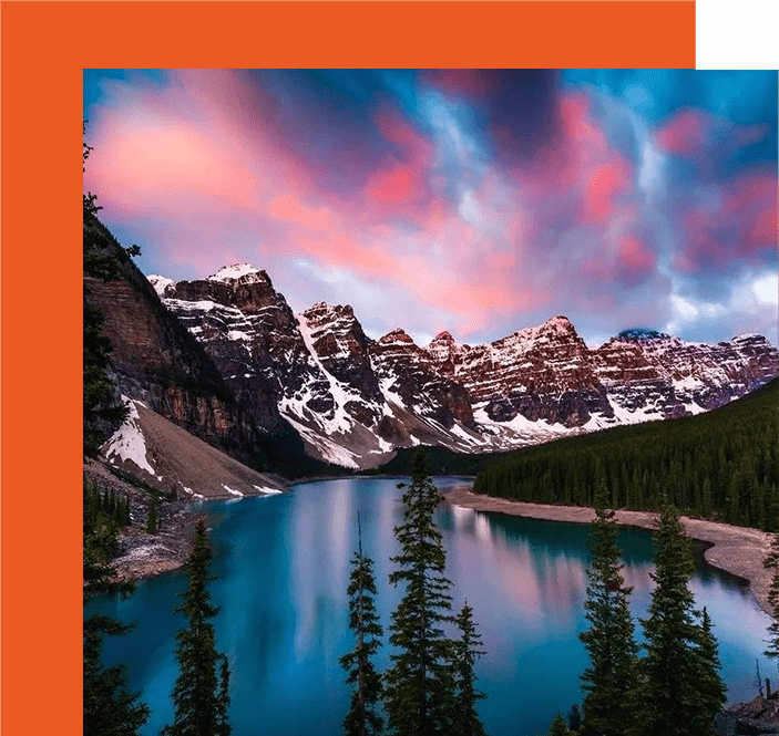 A painting of mountains and trees in the background